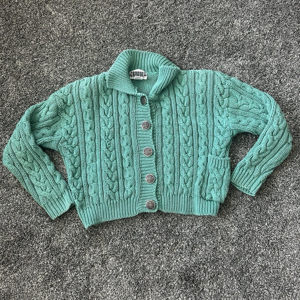 VTG Croquet Club Sweater Womens Medium Green Cable Knit Chunky Button 90s